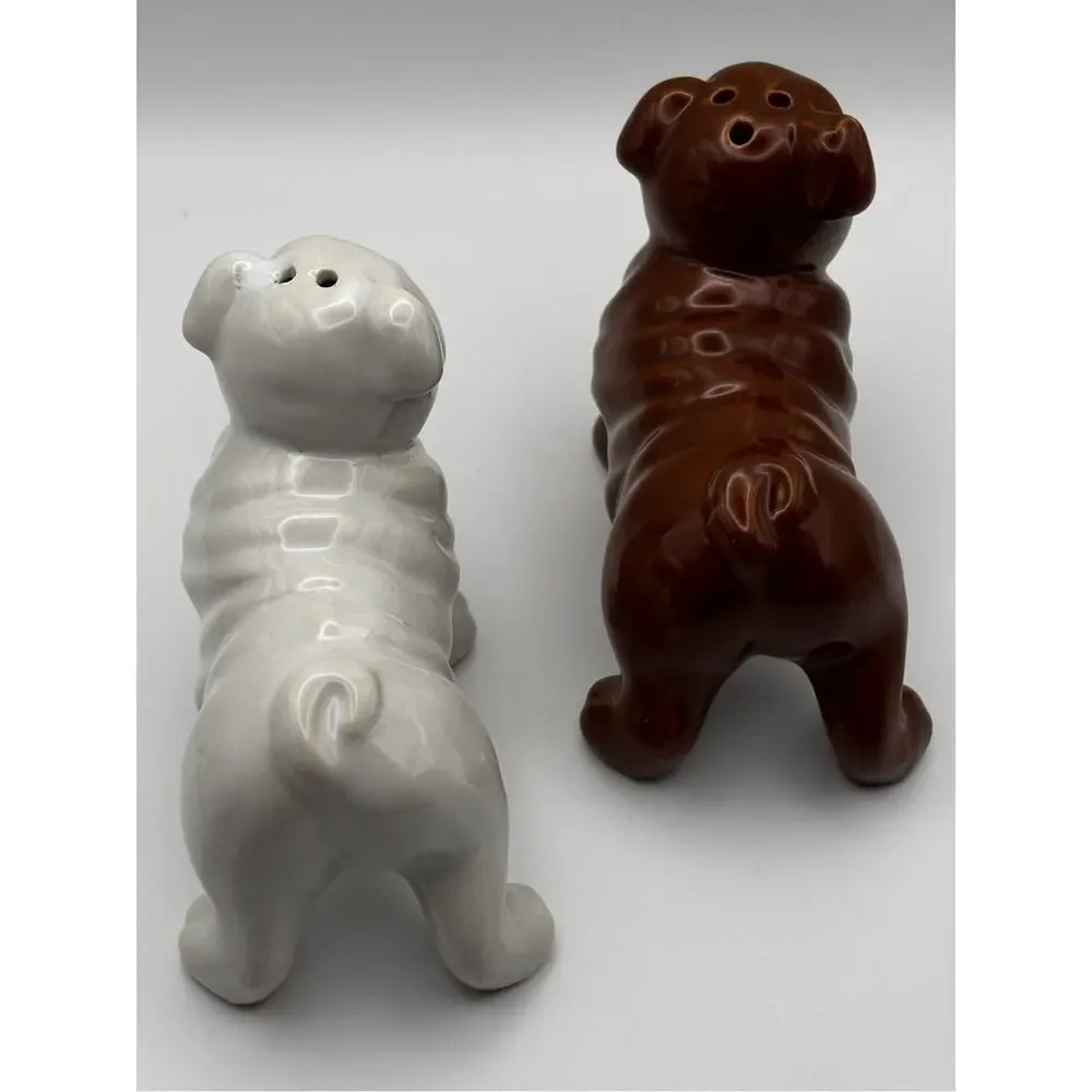 Ceramic Bulldog Salt & Pepper Shaker Set Brown & White Dog Kitchen Decor
